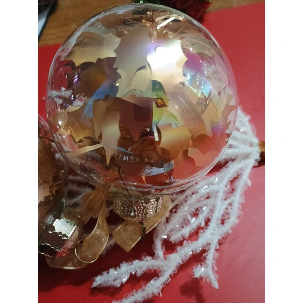 Pair Of Frontgate Clear Glass‎ Gold Round Christmas Ornaments 4.5